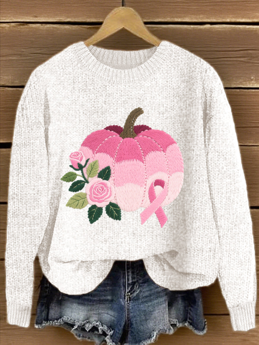 Pull Femme Rose En Maille Brodée Citrouille À Fleurs