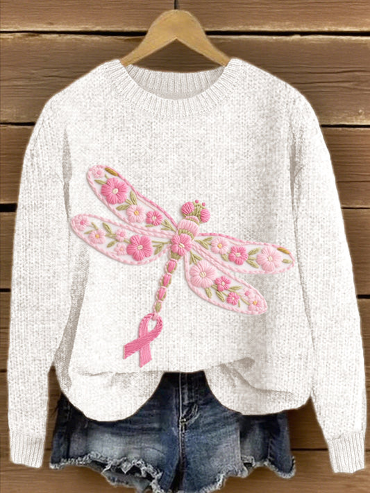 Pull Femme Rose En Tricot Brodé Libellule Florale