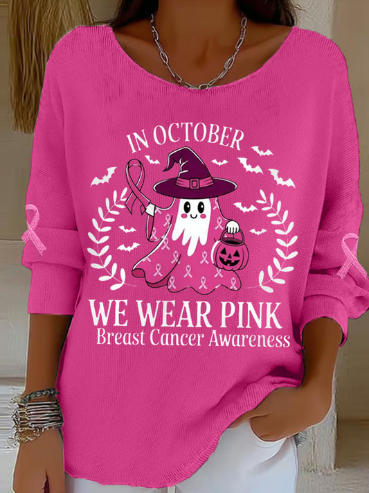 Femmes En Octobre Nous Portons Rose Halloween Fantôme Rose Sensibilisation au Cancer Du Sein Soutien Haut À Manches Longues