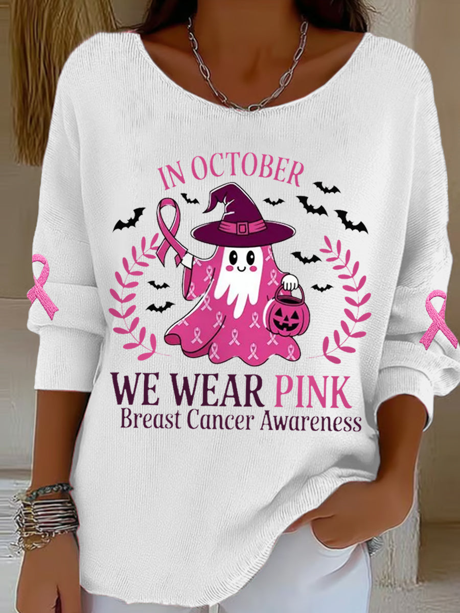 Femmes En Octobre Nous Portons Rose Halloween Fantôme Rose Sensibilisation au Cancer Du Sein Soutien Haut À Manches Longues