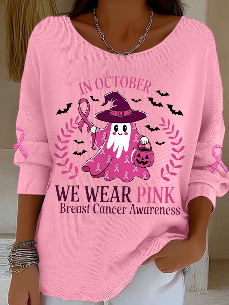 Femmes En Octobre Nous Portons Rose Halloween Fantôme Rose Sensibilisation au Cancer Du Sein Soutien Haut À Manches Longues