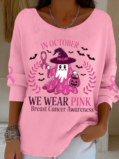 Femmes En Octobre Nous Portons Rose Halloween Fantôme Rose Sensibilisation au Cancer Du Sein Soutien Haut À Manches Longues