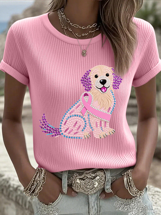Femmes Rose Strass Chien Rose Ruban Imprimer Cancer Du Sein Sensibilisation Soutien Tee