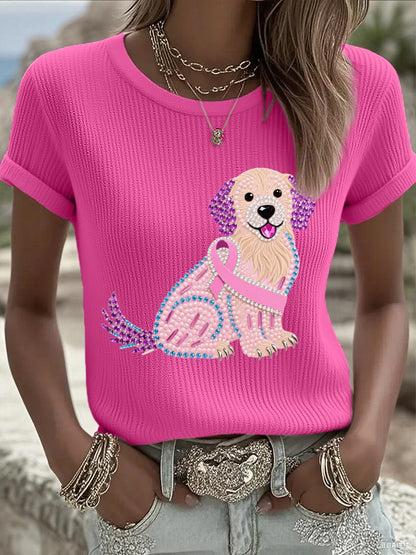 Femmes Rose Strass Chien Rose Ruban Imprimer Cancer Du Sein Sensibilisation Soutien Tee