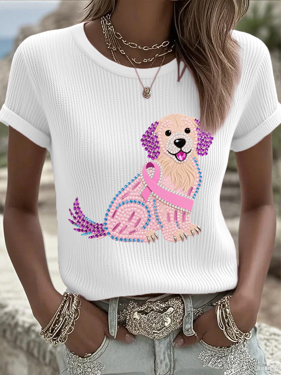 Femmes Rose Strass Chien Rose Ruban Imprimer Cancer Du Sein Sensibilisation Soutien Tee