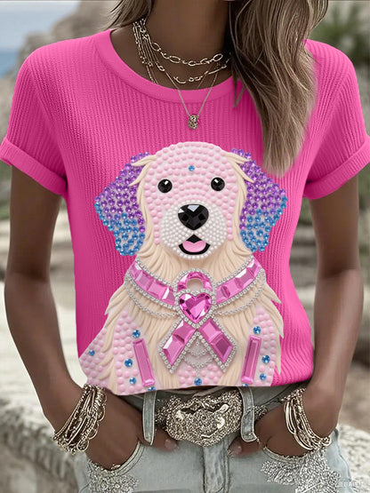Femmes Rose Strass Chien Rose Ruban Imprimer Cancer Du Sein Sensibilisation Soutien Tee