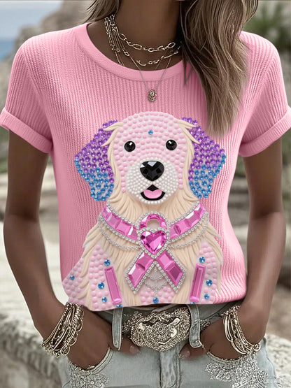 Femmes Rose Strass Chien Rose Ruban Imprimer Cancer Du Sein Sensibilisation Soutien Tee