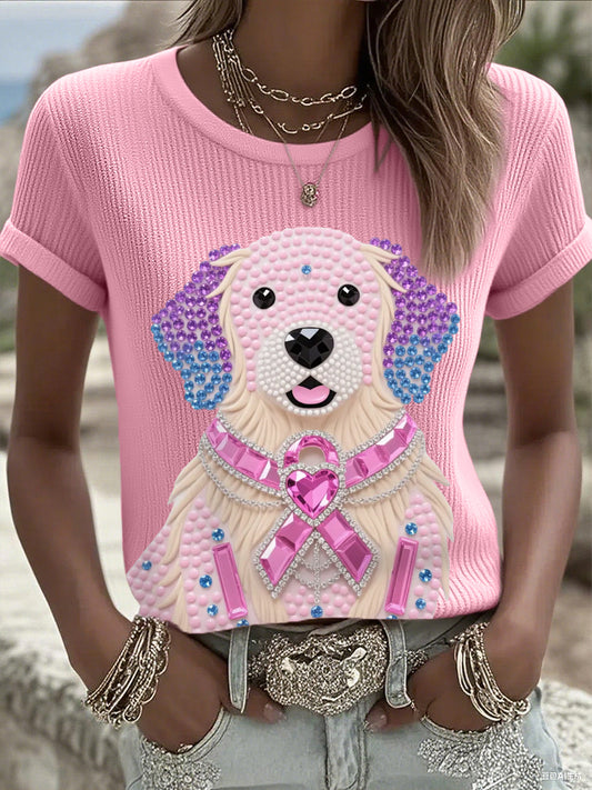 Femmes Rose Strass Chien Rose Ruban Imprimer Cancer Du Sein Sensibilisation Soutien Tee
