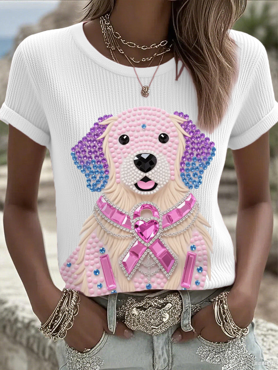 Femmes Rose Strass Chien Rose Ruban Imprimer Cancer Du Sein Sensibilisation Soutien Tee