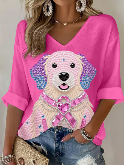 Femmes Rose Strass Chien Rose Ruban Imprimé Sensibilisation Au Cancer Du Sein Soutien À Manches Longues Top