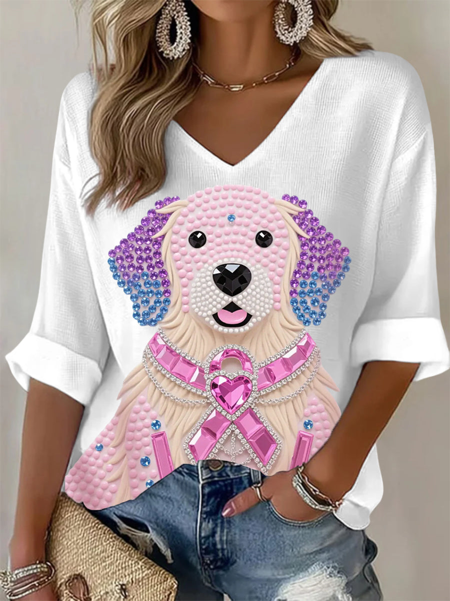 Femmes Rose Strass Chien Rose Ruban Imprimé Sensibilisation Au Cancer Du Sein Soutien À Manches Longues Top