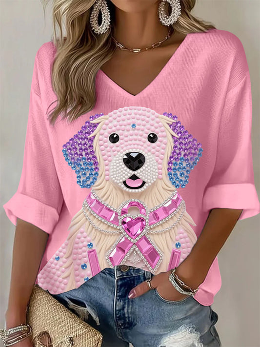 Femmes Rose Strass Chien Rose Ruban Imprimé Sensibilisation Au Cancer Du Sein Soutien À Manches Longues Top