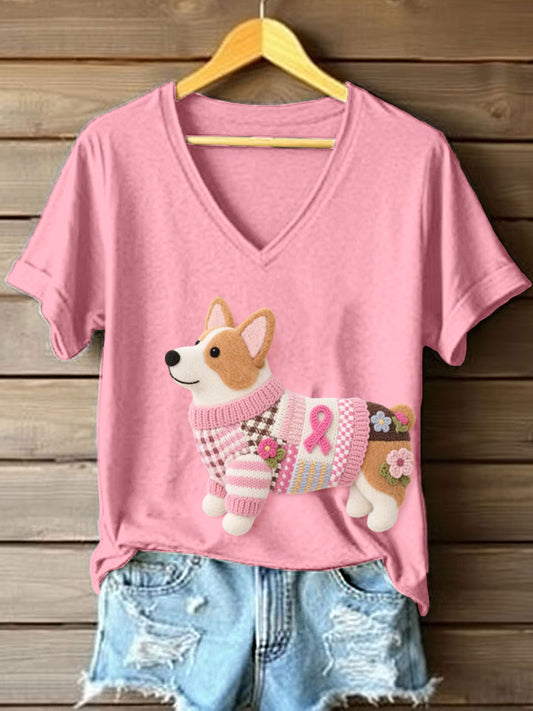 Feutre Art Corgi Motif V-Neck T-Shirt Femme