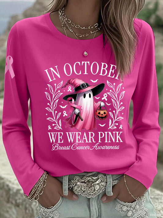 Femmes En Octobre Nous Portons Rose Halloween Rose Fantôme Sensibilisation Au Cancer Du Sein Soutien À Manches Longues T-shirt