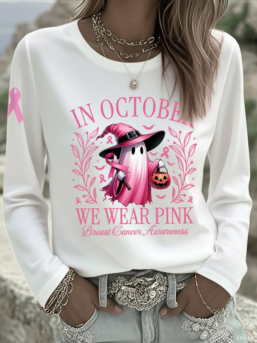 Femmes En Octobre Nous Portons Rose Halloween Rose Fantôme Sensibilisation Au Cancer Du Sein Soutien À Manches Longues T-shirt