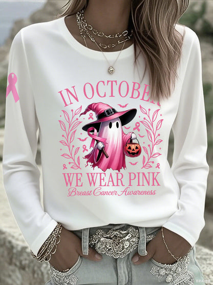 Femmes En Octobre Nous Portons Rose Halloween Rose Fantôme Sensibilisation Au Cancer Du Sein Soutien À Manches Longues T-shirt