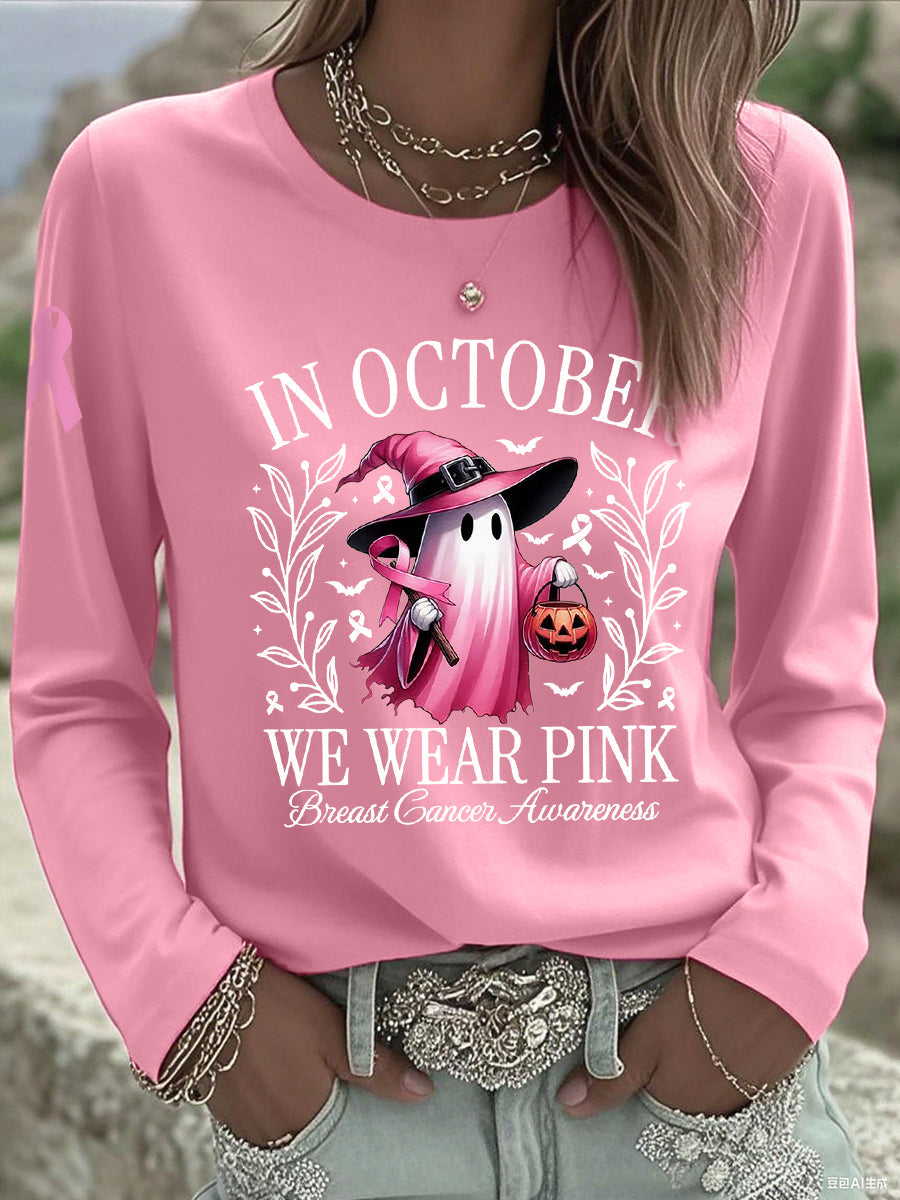 Femmes En Octobre Nous Portons Rose Halloween Rose Fantôme Sensibilisation Au Cancer Du Sein Soutien À Manches Longues T-shirt