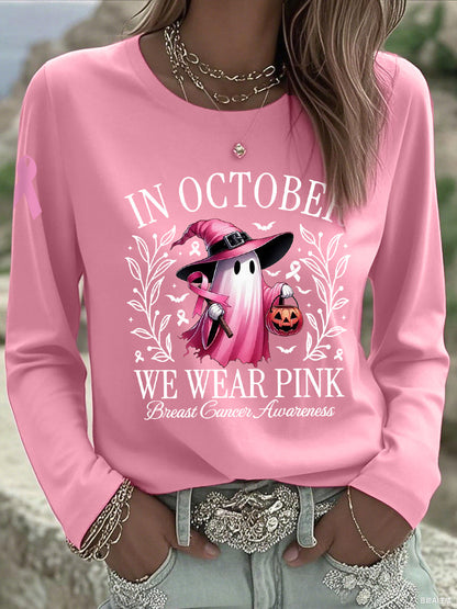Femmes En Octobre Nous Portons Rose Halloween Rose Fantôme Sensibilisation Au Cancer Du Sein Soutien À Manches Longues T-shirt
