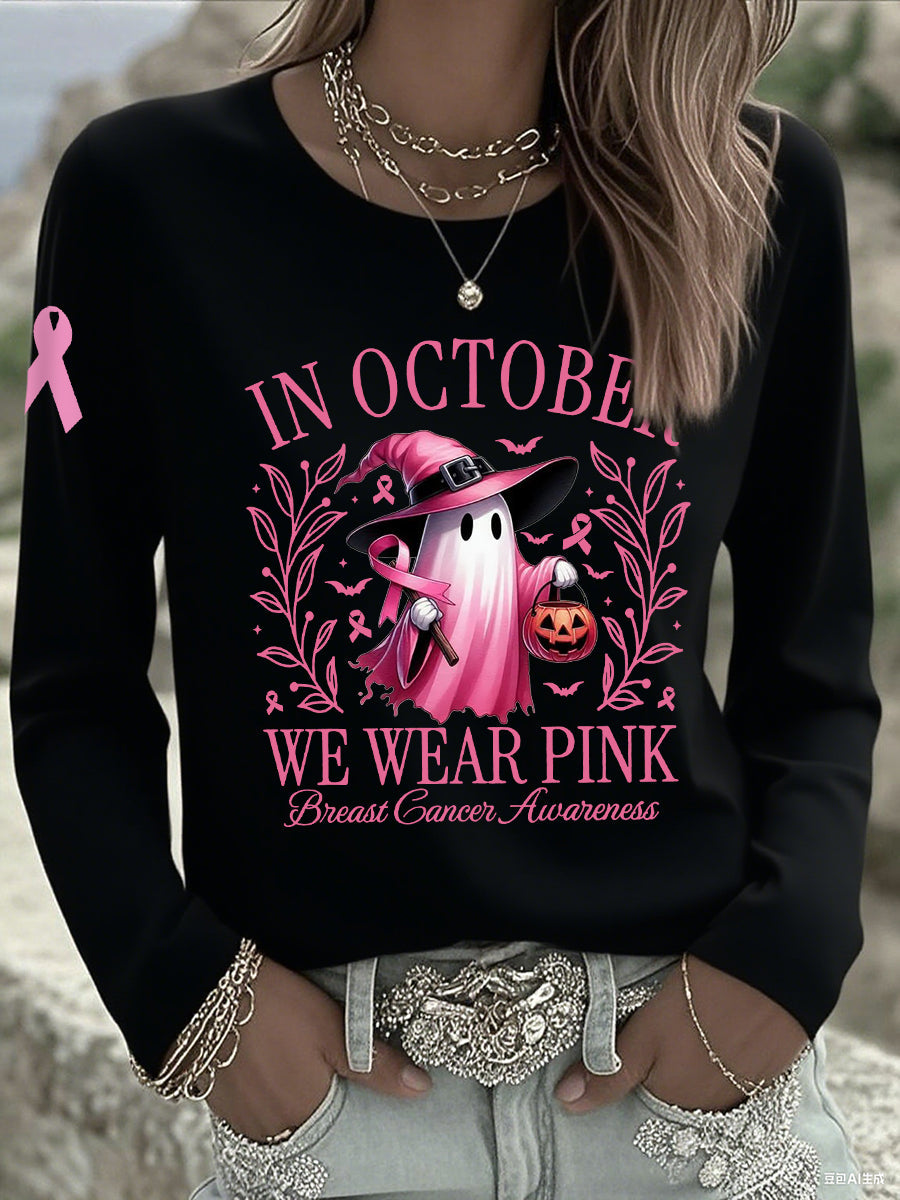 Femmes En Octobre Nous Portons Rose Halloween Rose Fantôme Sensibilisation Au Cancer Du Sein Soutien À Manches Longues T-shirt