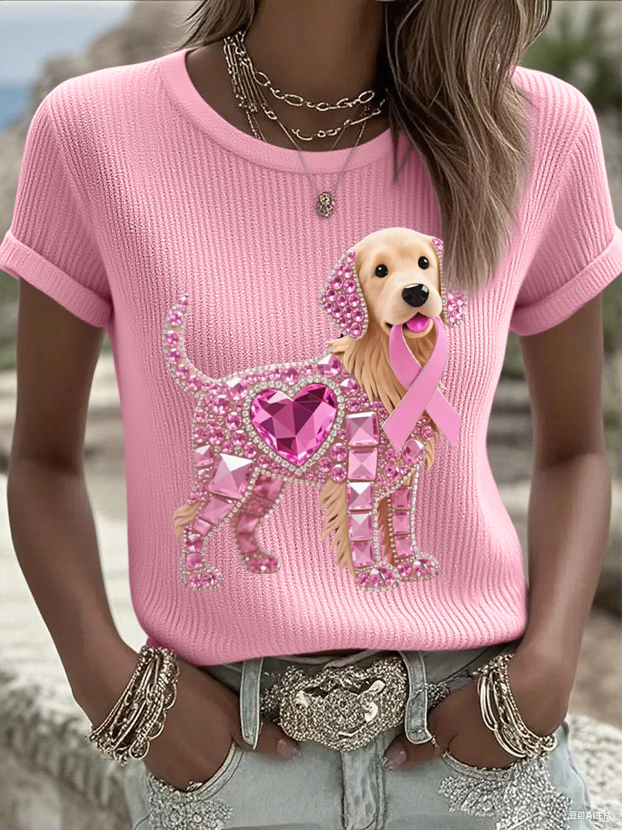 Femmes Rose Strass Chien Rose Ruban Imprimer Cancer Du Sein Sensibilisation Soutien Tee