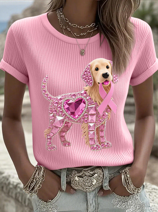 Femmes Rose Strass Chien Rose Ruban Imprimer Cancer Du Sein Sensibilisation Soutien Tee