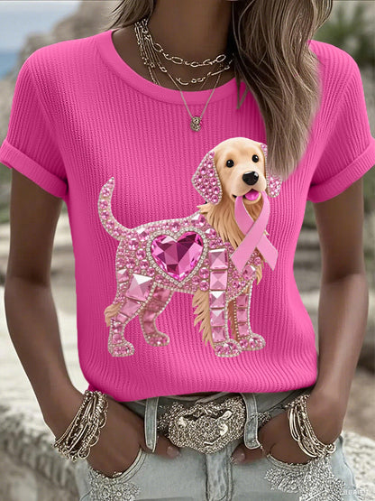 Femmes Rose Strass Chien Rose Ruban Imprimer Cancer Du Sein Sensibilisation Soutien Tee