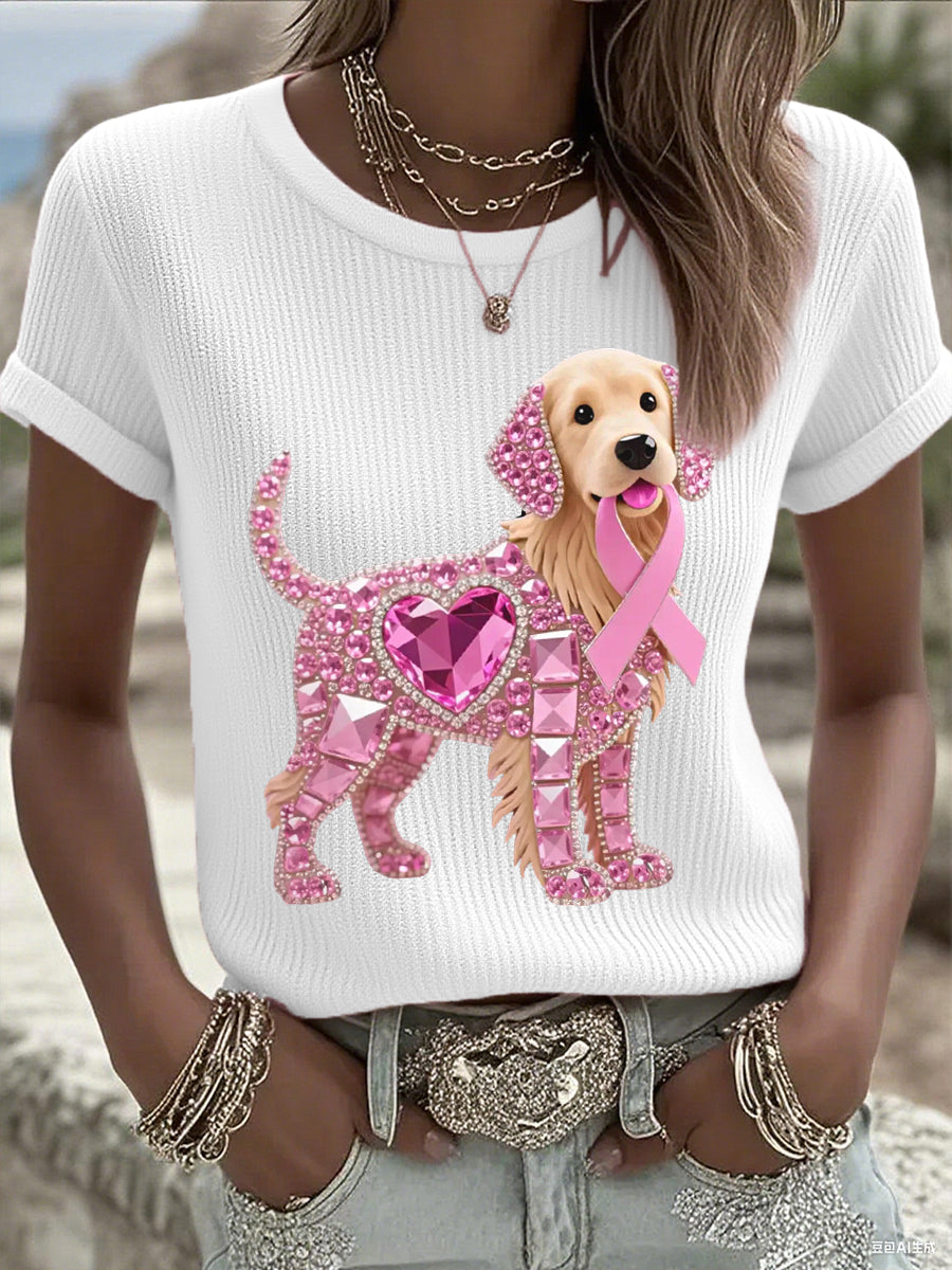 Femmes Rose Strass Chien Rose Ruban Imprimer Cancer Du Sein Sensibilisation Soutien Tee