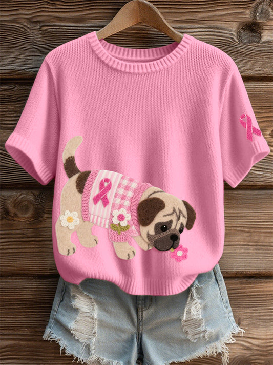Top en tricot confortable à motif de carlin en feutre pour femmes
