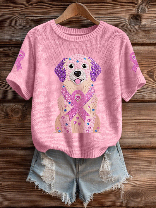 Femmes Rose Strass Chien Rose Ruban Imprimer Cancer Du Sein Sensibilisation Soutien Tee