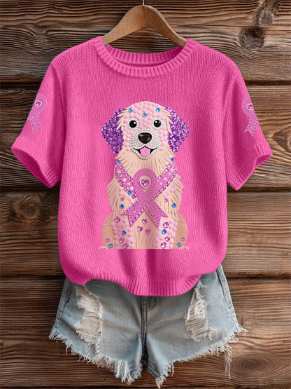 Femmes Rose Strass Chien Rose Ruban Imprimer Cancer Du Sein Sensibilisation Soutien Tee