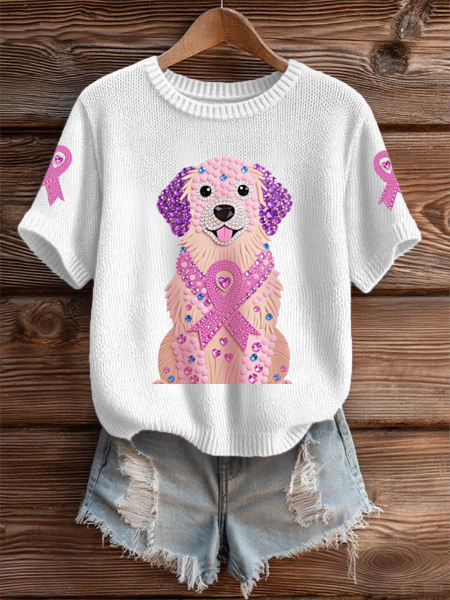 Femmes Rose Strass Chien Rose Ruban Imprimer Cancer Du Sein Sensibilisation Soutien Tee
