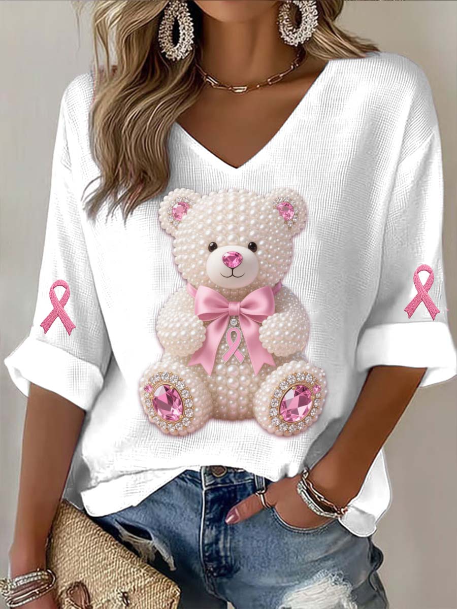 T-shirt à manches longues en coton décontracté imprimé abstrait perles Ours Cancer du sein Vintage