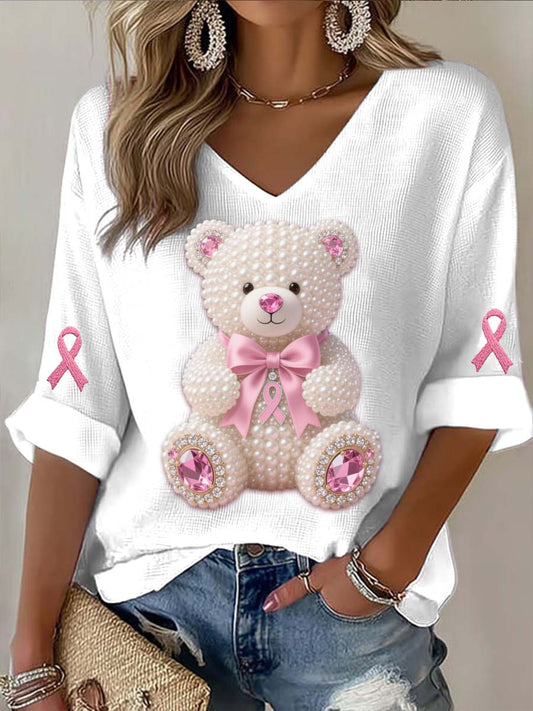 T-shirt à manches longues en coton décontracté imprimé abstrait perles Ours Cancer du sein Vintage