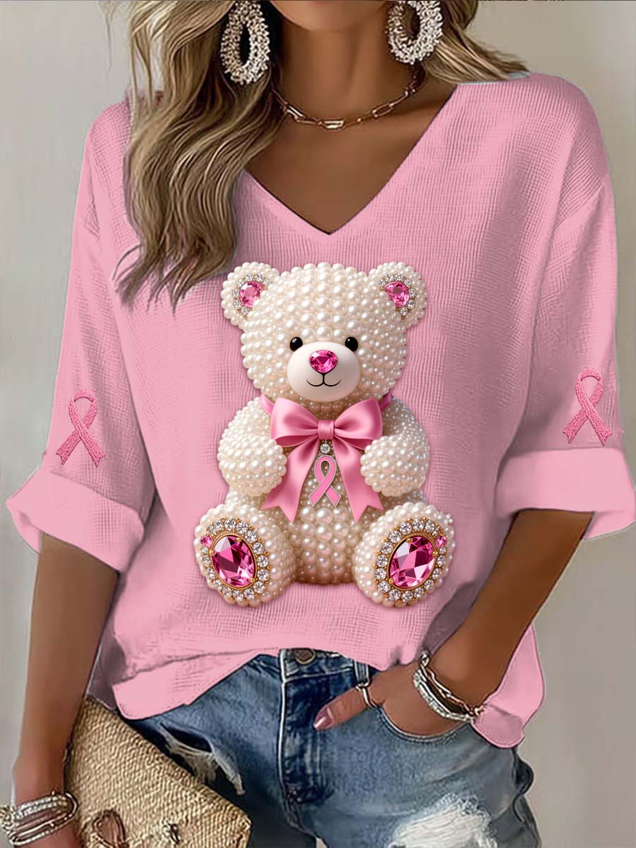 T-shirt à manches longues en coton décontracté imprimé abstrait perles Ours Cancer du sein Vintage