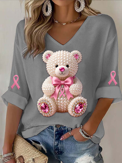 T-shirt à manches longues en coton décontracté imprimé abstrait perles Ours Cancer du sein Vintage