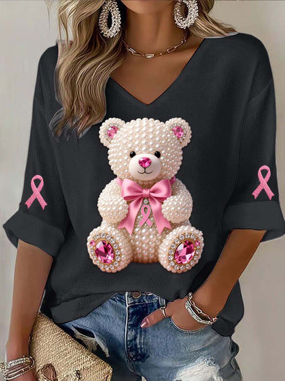 T-shirt à manches longues en coton décontracté imprimé abstrait perles Ours Cancer du sein Vintage