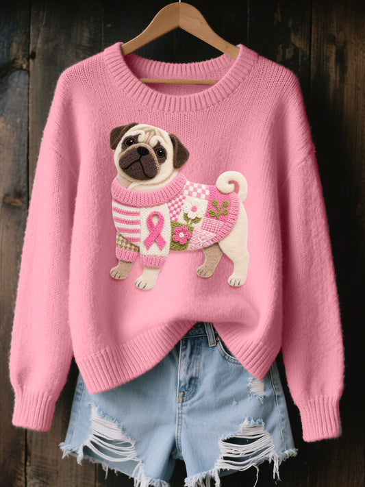 Pull confortable en tricot à motif de carlin en feutre pour femme