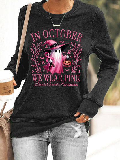 En Octobre des femmes nous portons rose Halloween rose fantôme sensibilisation au cancer du sein soutien Sweatshirt