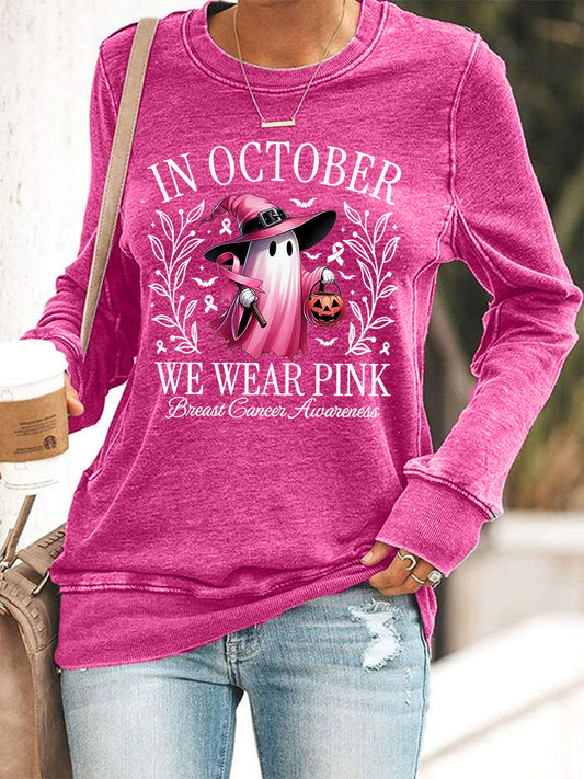 En Octobre des femmes nous portons rose Halloween rose fantôme sensibilisation au cancer du sein soutien Sweatshirt