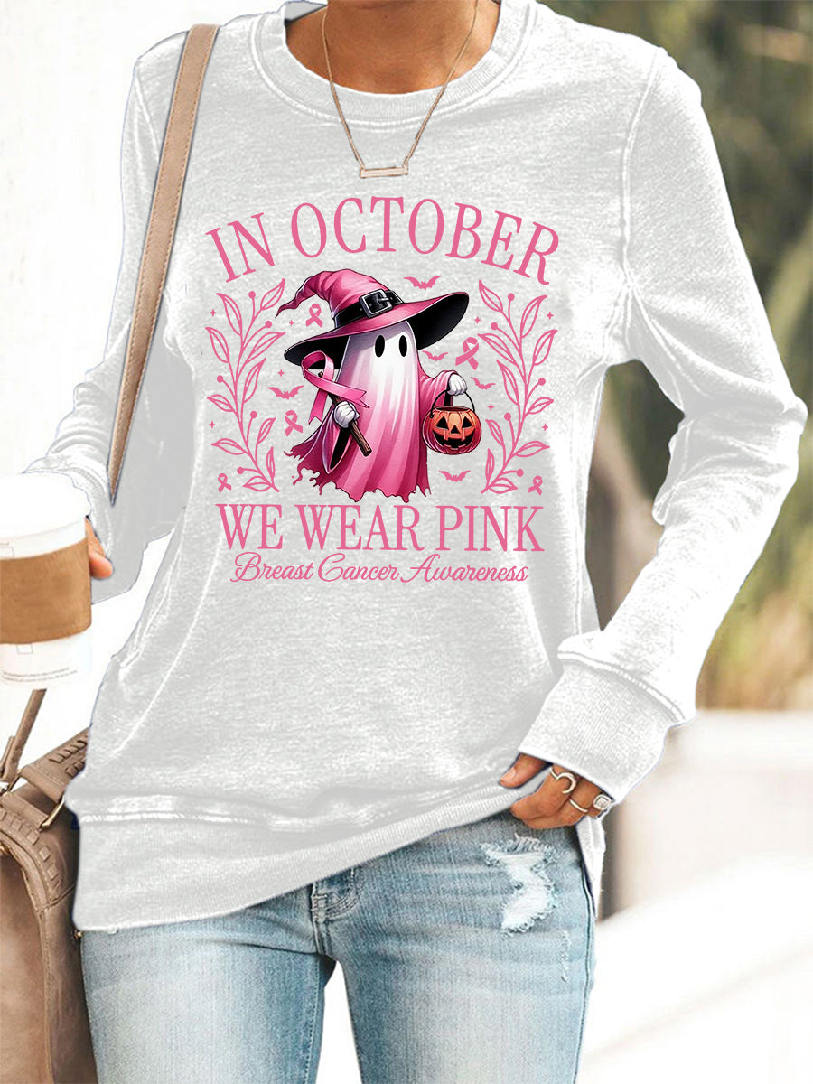 En Octobre des femmes nous portons rose Halloween rose fantôme sensibilisation au cancer du sein soutien Sweatshirt