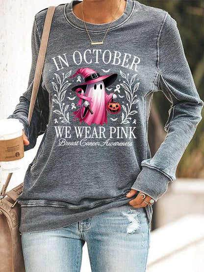 En Octobre des femmes nous portons rose Halloween rose fantôme sensibilisation au cancer du sein soutien Sweatshirt