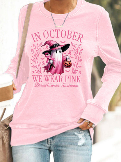 En Octobre des femmes nous portons rose Halloween rose fantôme sensibilisation au cancer du sein soutien Sweatshirt