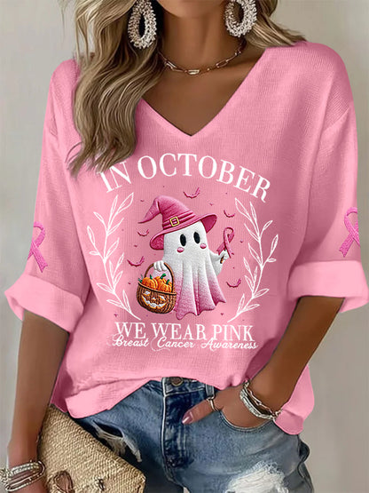 Femmes En Octobre Nous Portons Rose Halloween Fantôme Rose Sensibilisation au Cancer Du Sein Soutien Haut À Manches Longues