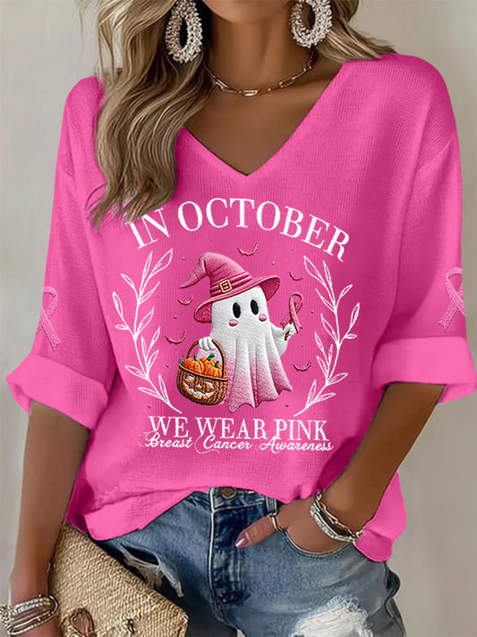 Femmes En Octobre Nous Portons Rose Halloween Fantôme Rose Sensibilisation au Cancer Du Sein Soutien Haut À Manches Longues