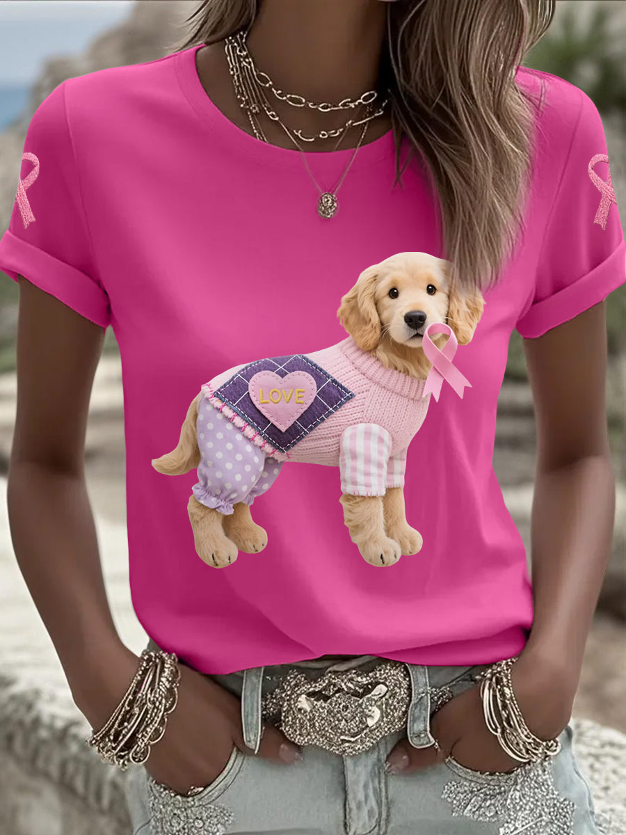 T-shirt de soutien de sensibilisation au cancer du sein ruban rose chien rose femme