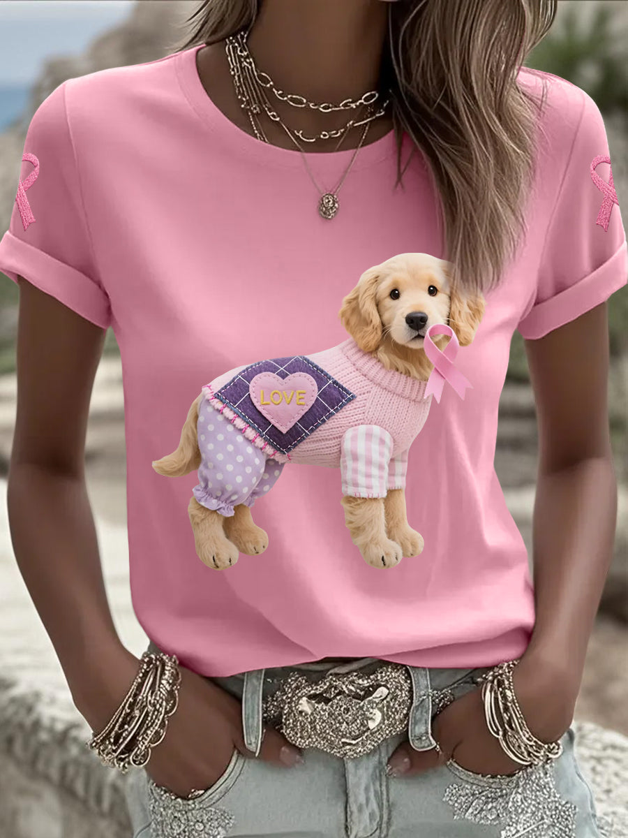 T-shirt de soutien de sensibilisation au cancer du sein ruban rose chien rose femme
