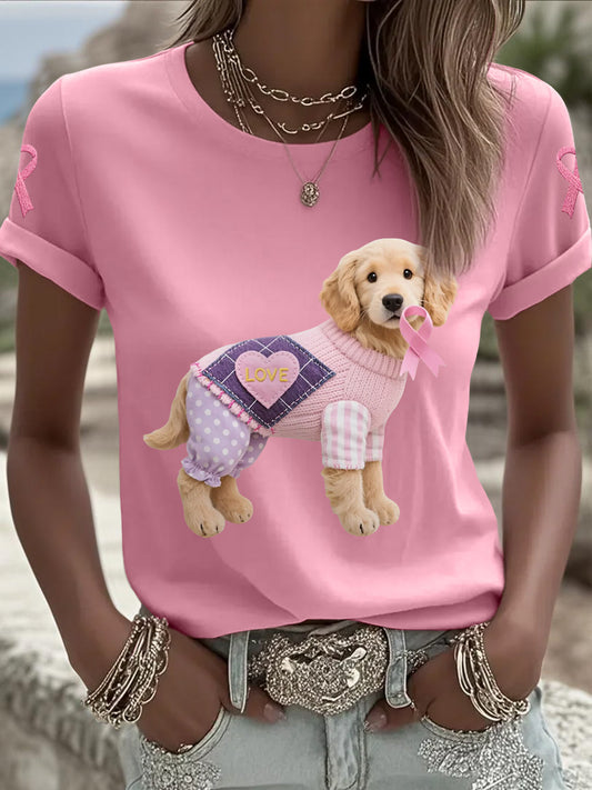 T-shirt de soutien de sensibilisation au cancer du sein ruban rose chien rose femme