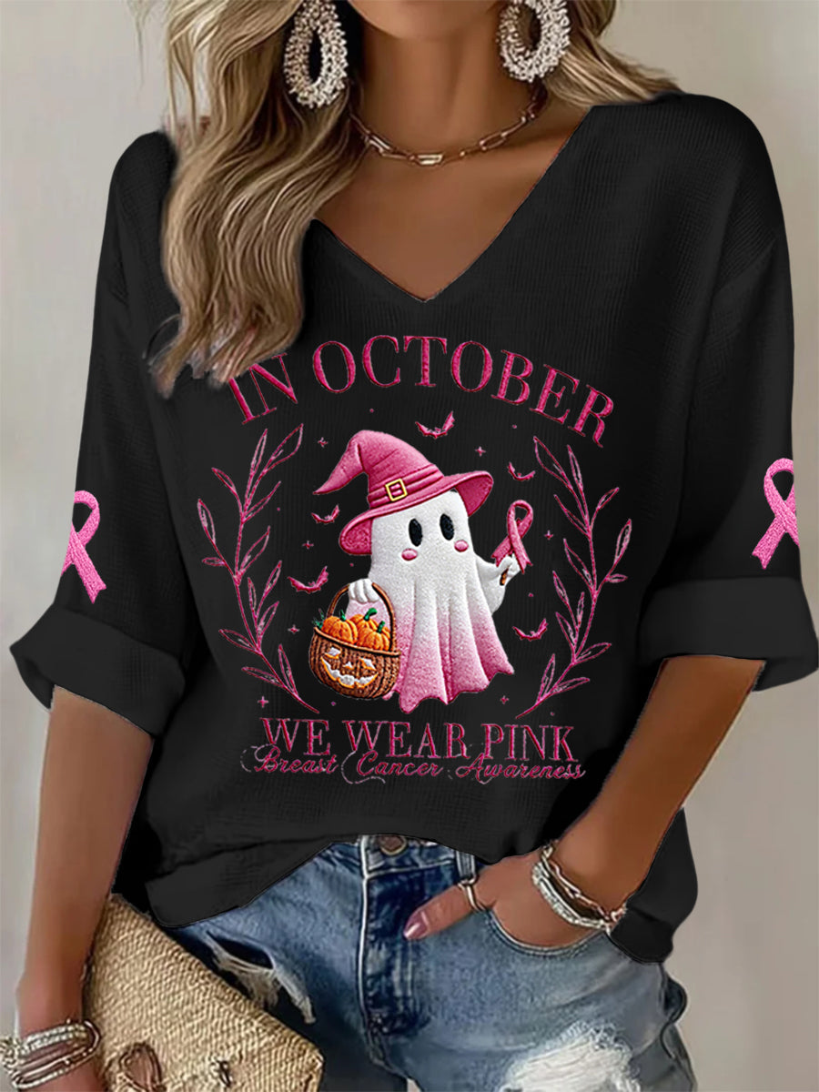 Femmes En Octobre Nous Portons Rose Halloween Fantôme Rose Sensibilisation au Cancer Du Sein Soutien Haut À Manches Longues
