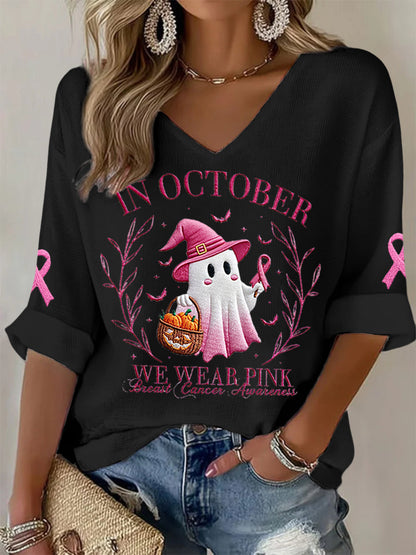 Femmes En Octobre Nous Portons Rose Halloween Fantôme Rose Sensibilisation au Cancer Du Sein Soutien Haut À Manches Longues