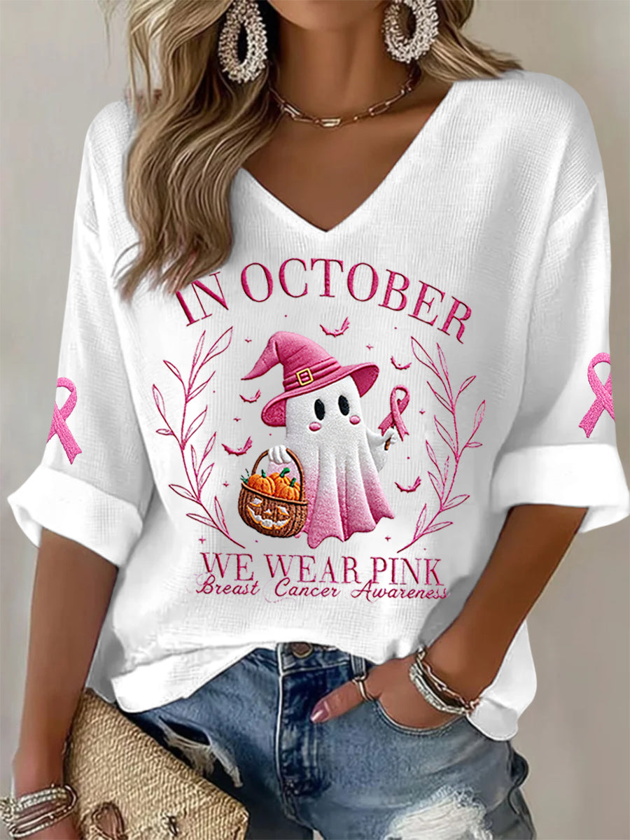 Femmes En Octobre Nous Portons Rose Halloween Fantôme Rose Sensibilisation au Cancer Du Sein Soutien Haut À Manches Longues